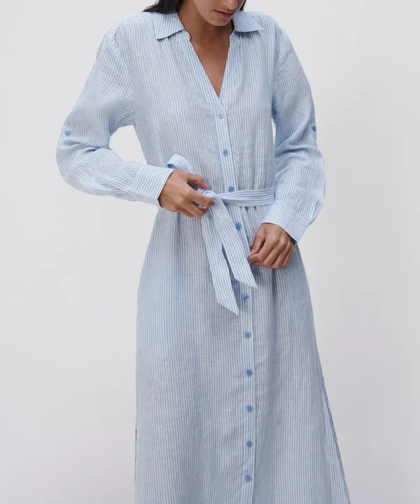 Clothing Daily Life Striped Linen Shirt Dress Slim Fit Single Breasted 100%Linen Ladies Shirt Dress - Image 3