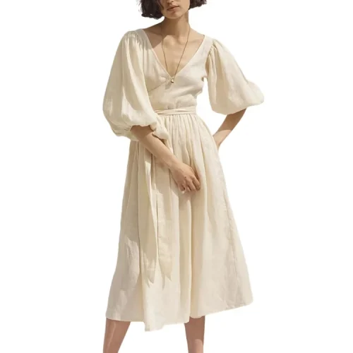 Casual Elegant Fashion Plain High Waist Deep V-Neck Half Sleeve Bandaged Women Long Linen Dress
