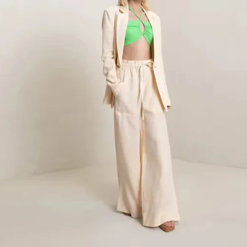 New Arrivals Linen Drawstring Waist Wide Leg Ankles Slits Trouser Women Jackets Suit