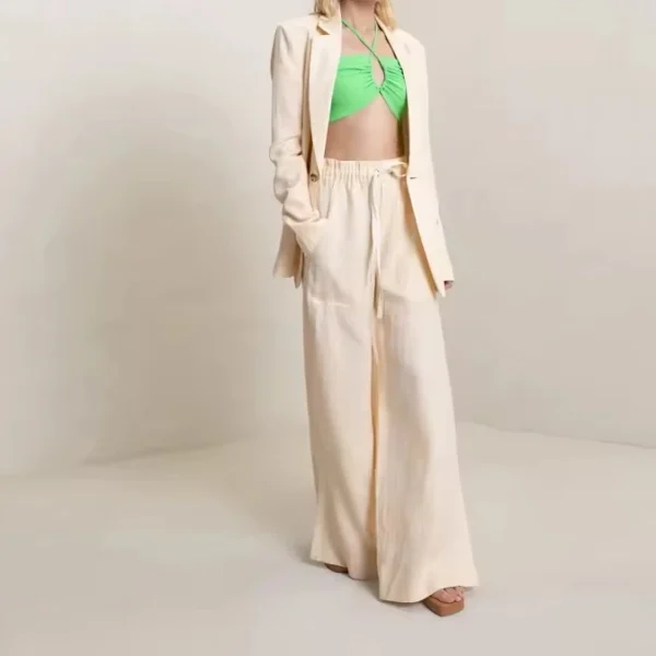 New Arrivals Linen Drawstring Waist Wide Leg Ankles Slits Trouser Women Jackets Suit