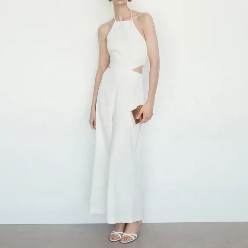 New Design Summer Elegant Modest Ladies Halter Sleeveless Linen Jumpsuit for Women