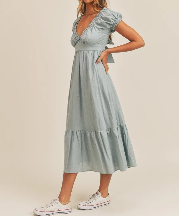 Cotton Linen Dress Ladies Short Sleeve Puff Sleeve Deep V-Neck Elegant Summer Dress Casual Midi Dress - Image 2