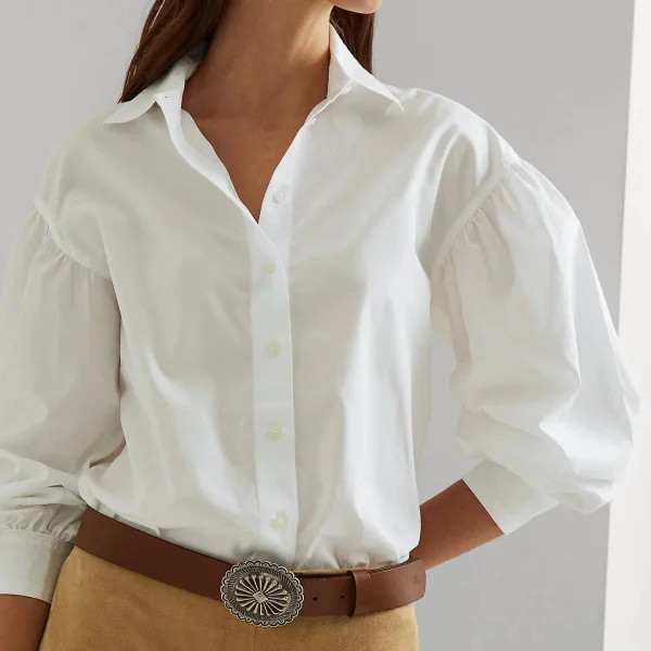 White Autumn Women Puff Long Sleeves Top Solid Color Turn Down Neck Women Causal Blouse Shirt - Image 2