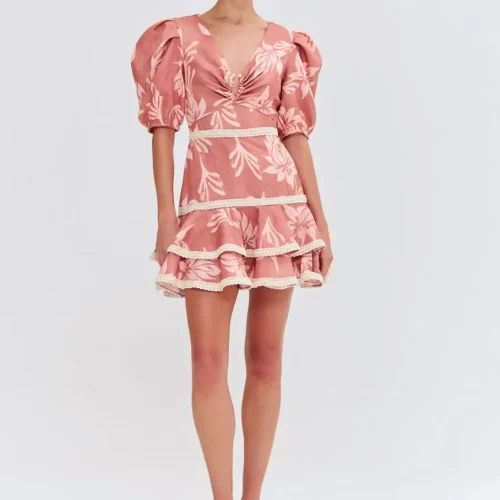 Chic Polyester Mini Dress in Pink Floral V  Neck  Puff Sleeves Ideal for Beach Vacations and Daily Wear Dress