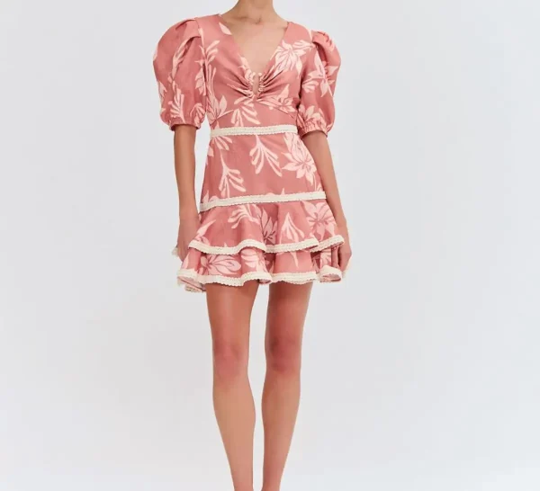 Chic Polyester Mini Dress in Pink Floral V  Neck  Puff Sleeves Ideal for Beach Vacations and Daily Wear Dress
