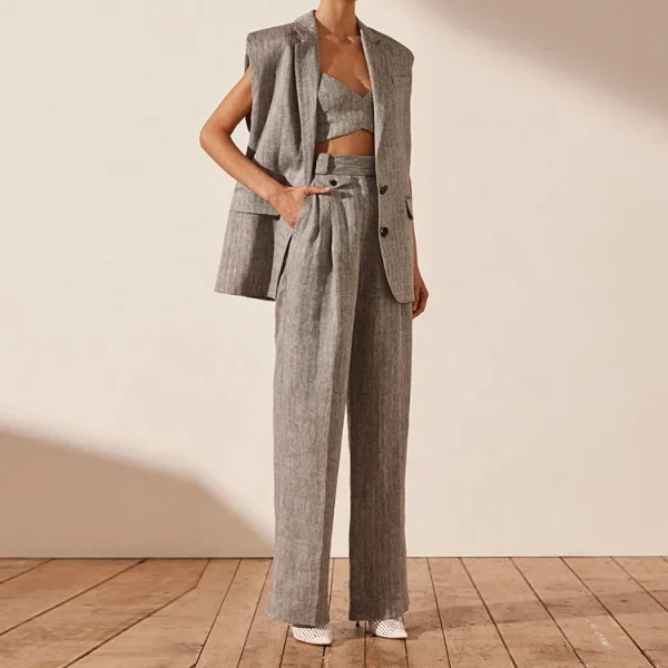 New Design Women Cotton Linen Fabric Solid Color Trousers High Waist Wide Leg Pant Casual Straight Long Pants - Image 5