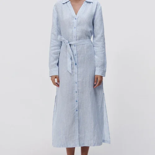 Clothing Daily Life Striped Linen Shirt Dress Slim Fit Single Breasted 100%Linen Ladies Shirt Dress