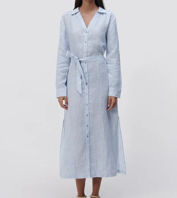 Clothing Daily Life Striped Linen Shirt Dress Slim Fit Single Breasted 100%Linen Ladies Shirt Dress