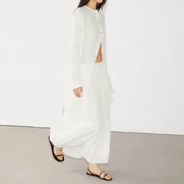 Clothing Summer Women's High Waisted Skirt White Soft Linen Cotton Fabric Loose Elegant A-line Maxi Skirts - Image 4