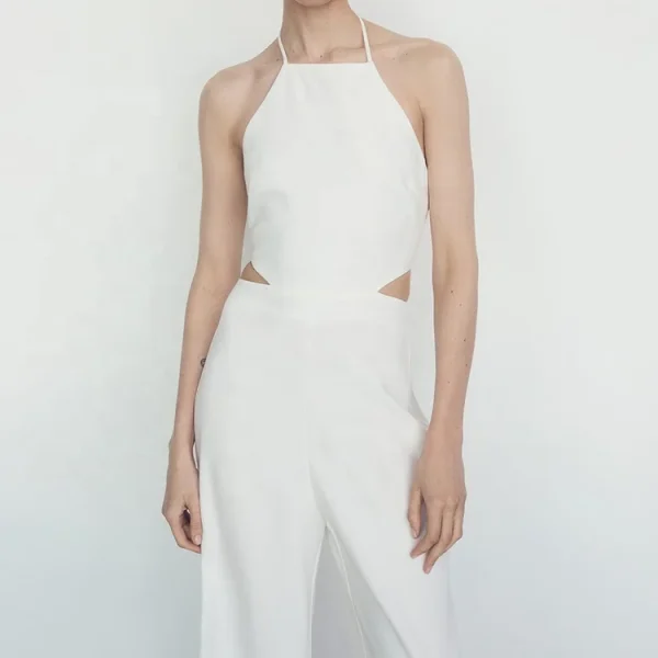 New Design Summer Elegant Modest Ladies Halter Sleeveless Linen Jumpsuit for Women - Image 3