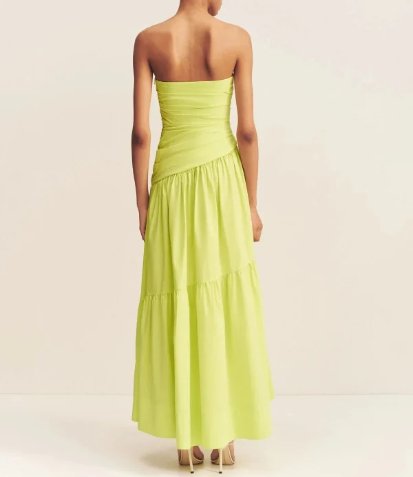 Cotton Linen A-Line Strapless Solid Color Tiered Draped Bodice With Side Tucks Maxi 100%Linen Dress - Image 4