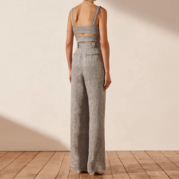 New Design Women Cotton Linen Fabric Solid Color Trousers High Waist Wide Leg Pant Casual Straight Long Pants - Image 4