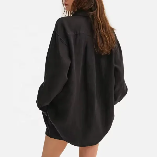 Women Autumn Long Sleeve Shirt Black Boyfriend Fit Boxy Tops Organic Linen Oversized Button Down 100% Organic Linen Shirt - Image 5