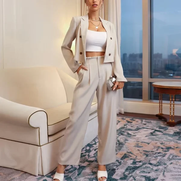 Slim Fit Women Fashion Blazer Double Breasted Blazer Plicated Detail Pants - Image 4