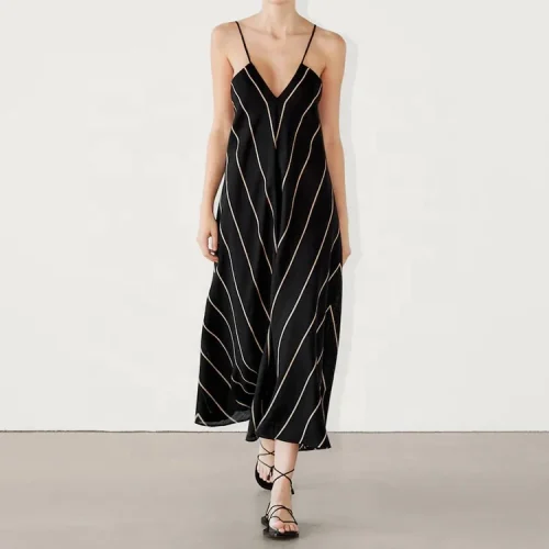 Eco Friendly Casual Loose Stripe Dresses Women Lady Elegant 100% Cotton Linen Sleeveless V Neck Sling Long One Piece Dress