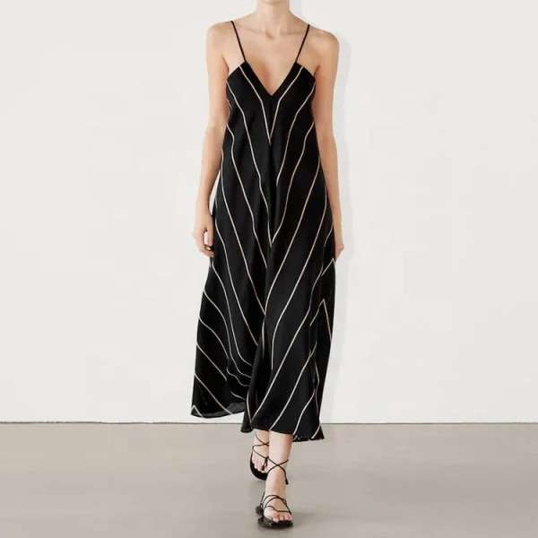 Eco Friendly Casual Loose Stripe Dresses Women Lady Elegant 100% Cotton Linen Sleeveless V Neck Sling Long One Piece Dress