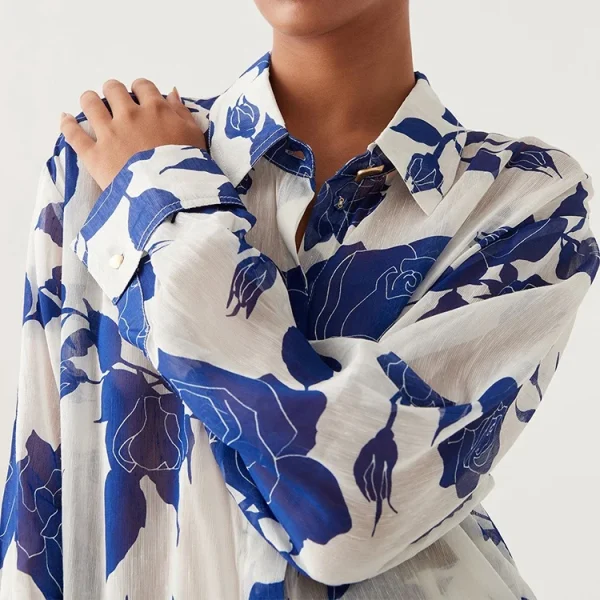 New Design Women Summer Floral Printed Linen Shirt Lounge Seaside Wear Turn-down Collar Blouse Top Sleepwear Pajama - Image 5