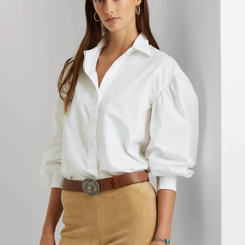 White Autumn Women Puff Long Sleeves Top Solid Color Turn Down Neck Women Causal Blouse Shirt