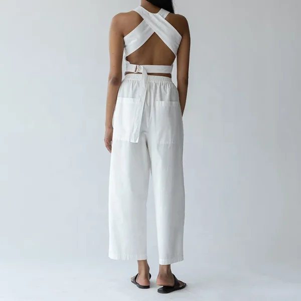 Eco Friendly Womens Pleated Flax Pants 100% Cotton Linen High Elastic Waist Casual Loose Wide Leg Trousers With Pockets - Image 2