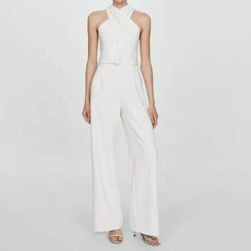 Summer High Quality Women Linen Clothing Sleeveless Halter White Casual Jumpsuit Belt Loose Straight Linen Cotton Bodysuits