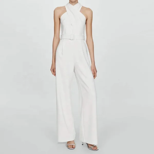 Summer High Quality Women Linen Clothing Sleeveless Halter White Casual Jumpsuit Belt Loose Straight Linen Cotton Bodysuits