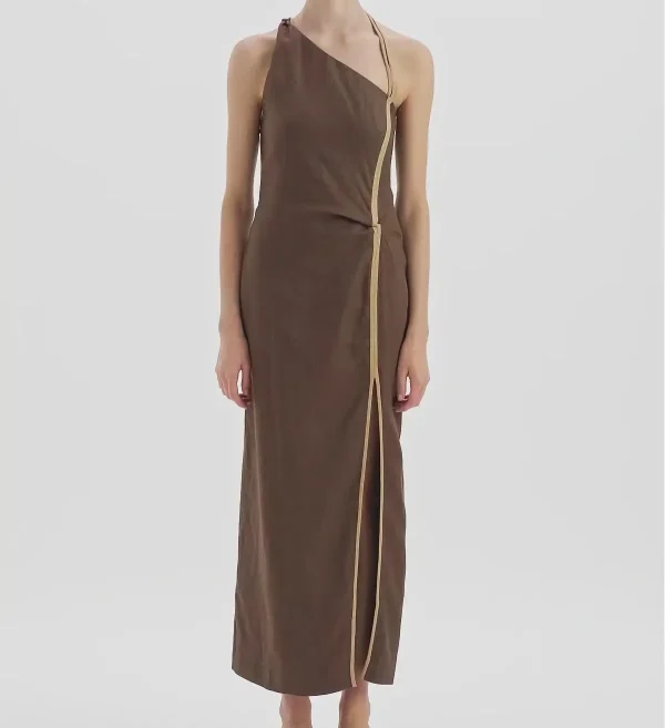 Elegant Linen One  Shoulder Maxi Dress with Contrast Trim Ideal for Beach Weddings Graceful and Breathable - Image 2