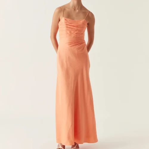 Draped Cotton Linen Women Long Dress Spaghetti Straps Slim Fit Maxi Dress