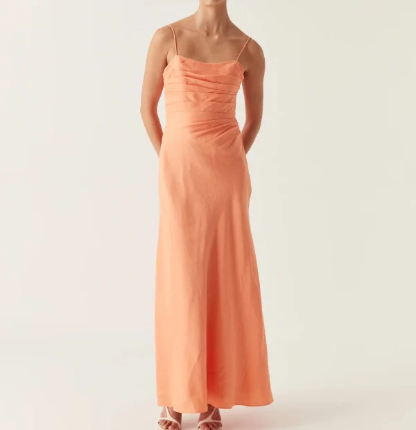 Draped Cotton Linen Women Long Dress Spaghetti Straps Slim Fit Maxi Dress