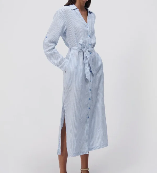 Clothing Daily Life Striped Linen Shirt Dress Slim Fit Single Breasted 100%Linen Ladies Shirt Dress - Image 2