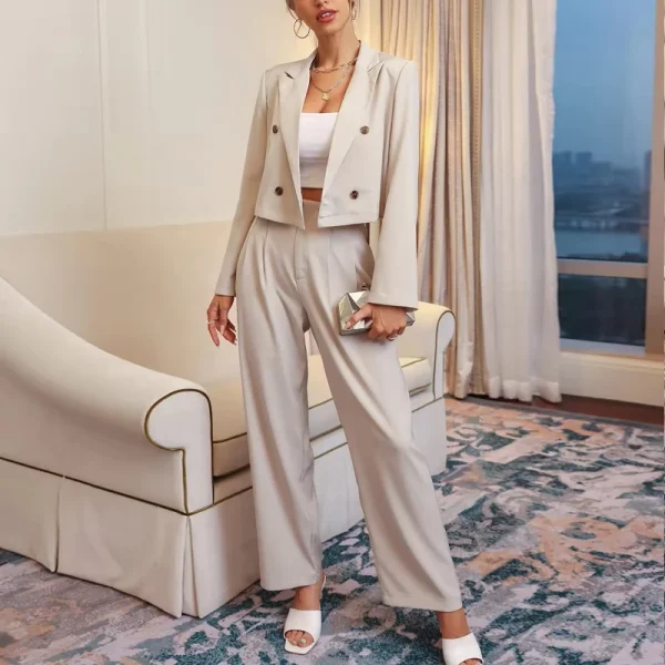 Slim Fit Women Fashion Blazer Double Breasted Blazer Plicated Detail Pants - Image 3