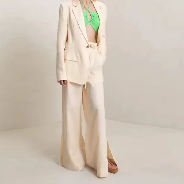 New Arrivals Linen Drawstring Waist Wide Leg Ankles Slits Trouser Women Jackets Suit - Image 2