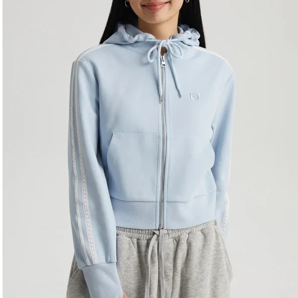 Premium New Arrival Women's Knitted Lace Zipper Sweater Short New American Casual Hoodie - Image 5