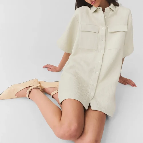 New Style Natural Woven Women Dress Mini Length Viscose Autumn Winter Dress for Ladies With Button and  Pocket