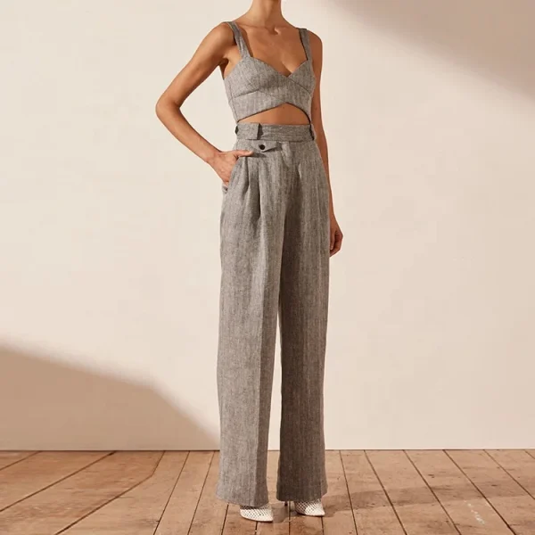 New Design Women Cotton Linen Fabric Solid Color Trousers High Waist Wide Leg Pant Casual Straight Long Pants - Image 2