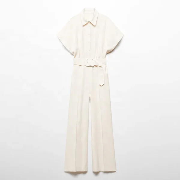 New Design Summer Casual Ladies Shirt Straight Leg Pants  Romper Women Cotton Linen Jumpsuit With Belt - Image 5