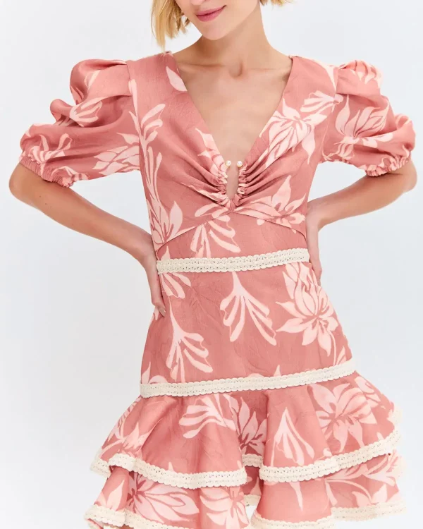 Chic Polyester Mini Dress in Pink Floral V  Neck  Puff Sleeves Ideal for Beach Vacations and Daily Wear Dress - Image 2