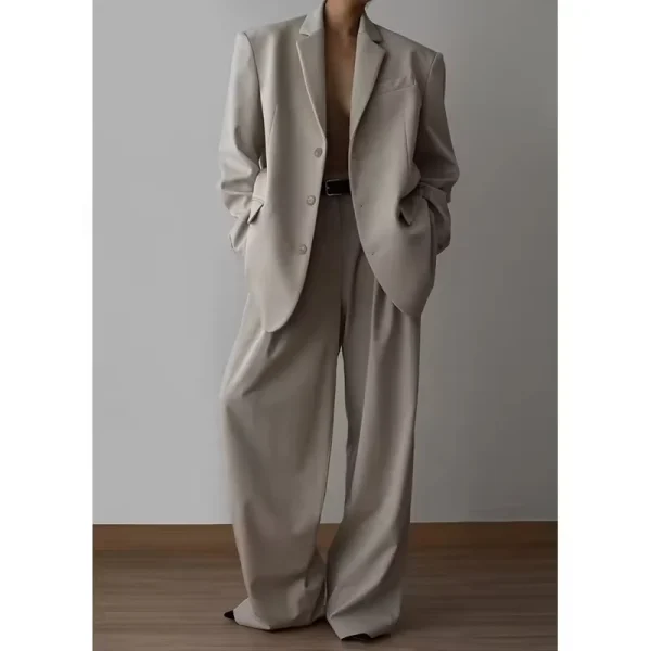 Women Jacket Beige Mid Weight Suiting Oversized Silhouette Padded Shoulders Flap Front Pockets Button Front Oversized Fit blazer - Image 2