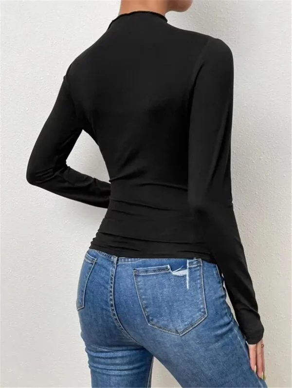 Women Long Sleeve T-shirt Solid Color Seamless Long Sleeve T-shirt Slime Bottoming Shirt - Image 5