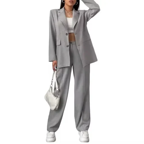 Women Elegant Solid Lapel Neck Blazer and Suit Pants Workwear