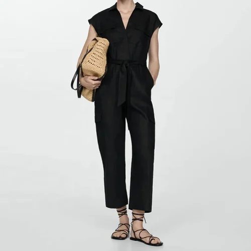 High Quality Summer Elegant Ladies Loose Cotton Linen Jumpsuit for Women Black Sleeveless Bodysuit With Belt