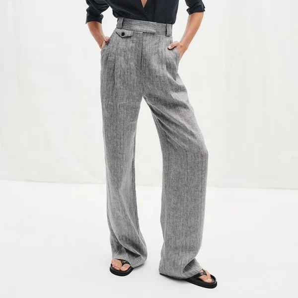 New Design Women Cotton Linen Fabric Solid Color Trousers High Waist Wide Leg Pant Casual Straight Long Pants - Image 6
