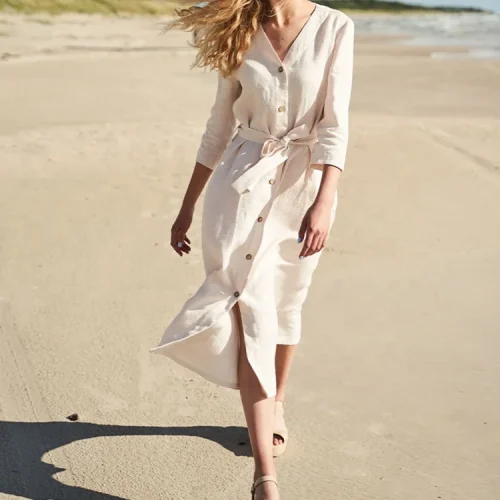 Cotton and Linen Maxi Dress Elegant Single-breasted v Neck Three-quarter Sleeves Flax Dresses
