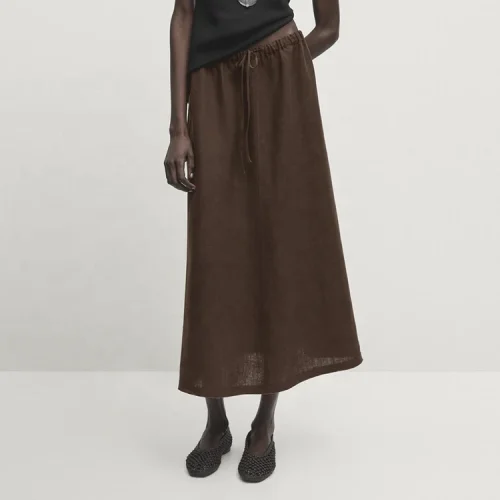 High Quality Elegant Comfortable Cotton Linen Fabric Women’s Long Skirt Luxury Drawstring Maxi Skirts