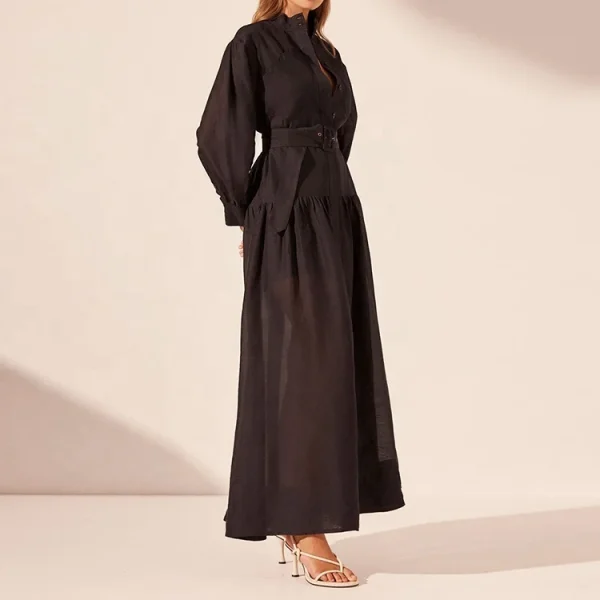 Elegant Stand Collar Women Belt Button up Long Shirt Dress Vintage Long Sleeve Casual Linen Maxi Dresses - Image 3