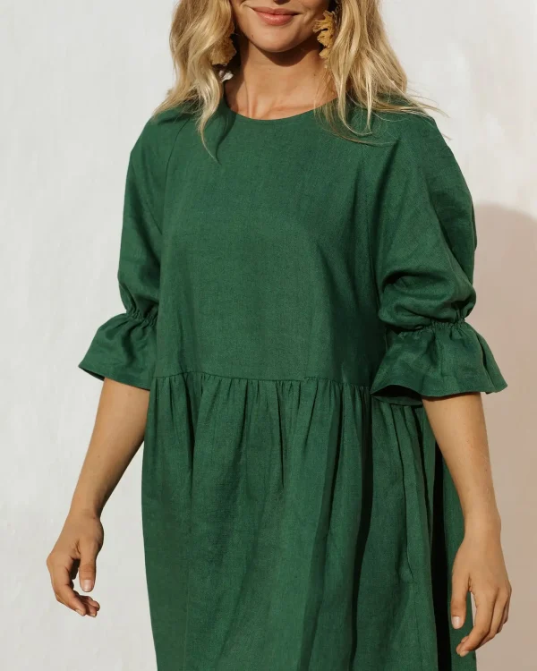 Casual Summer Midi Dresses Women Linen Dress Short Sleeve O-neck Knee Length Natural Linen Dresses - Image 2