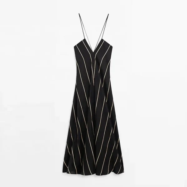 Eco Friendly Casual Loose Stripe Dresses Women Lady Elegant 100% Cotton Linen Sleeveless V Neck Sling Long One Piece Dress - Image 5