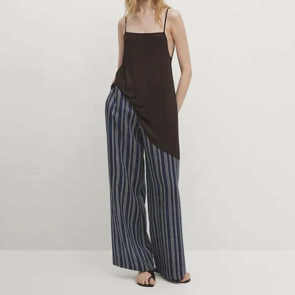Eco Friendly Linen Wide Leg Drawstring High Waist Women Pants Casual Wear 100% Cotton Linen Trouser High Quality