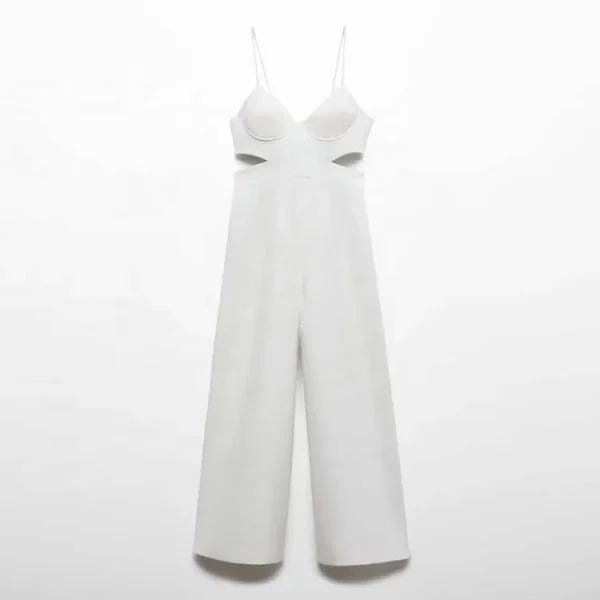 Fashion Women Summer New Linen Cotton Jumpsuit V Neck Cutout Spaghetti-strap Sleeveless Plain Color Bodysuit - Image 5
