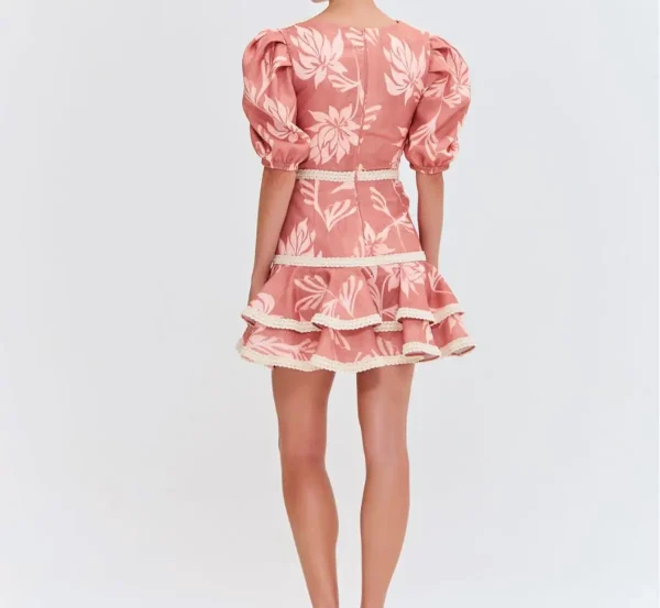 Chic Polyester Mini Dress in Pink Floral V  Neck  Puff Sleeves Ideal for Beach Vacations and Daily Wear Dress - Image 4