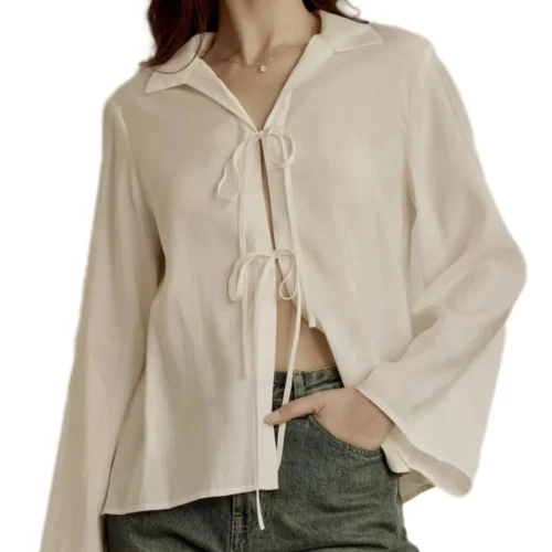 Rice White Loose Lace-Up Shirt Wide Sleeve Design Casual Long Sleeve Shirt Hot Shirt Top